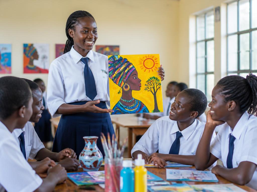 Student presenting a colourful art project to classmates