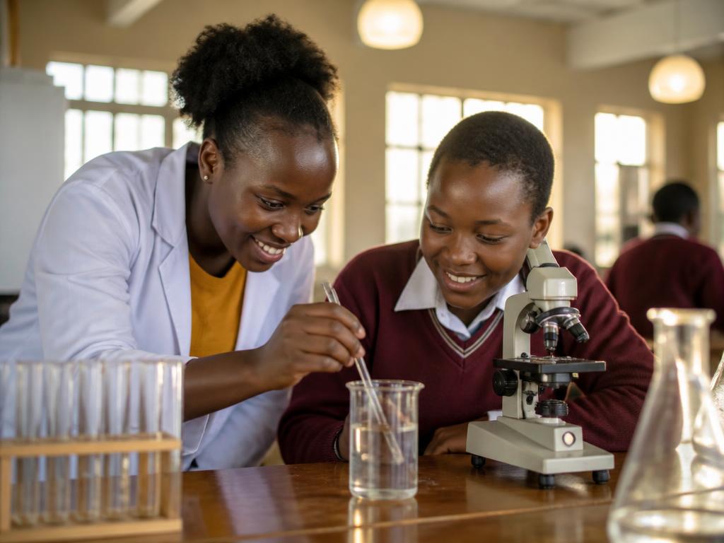 Teacher guiding a student through a science practical